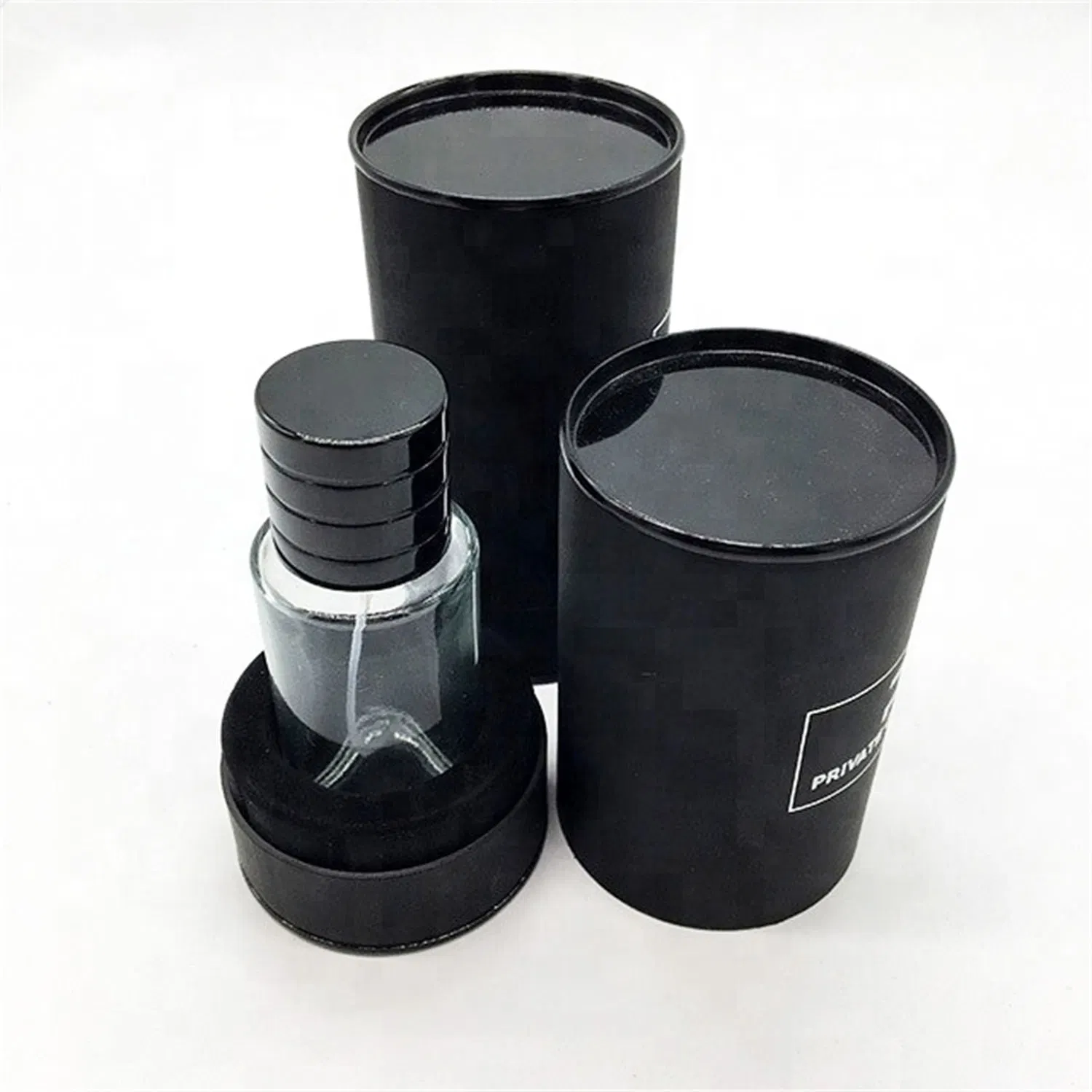 Custom Design Luxury Cosmetic Perfume Bottle Cylinder Packaging Tube Makeup Lotion Glass Pink Black Paper Round Box