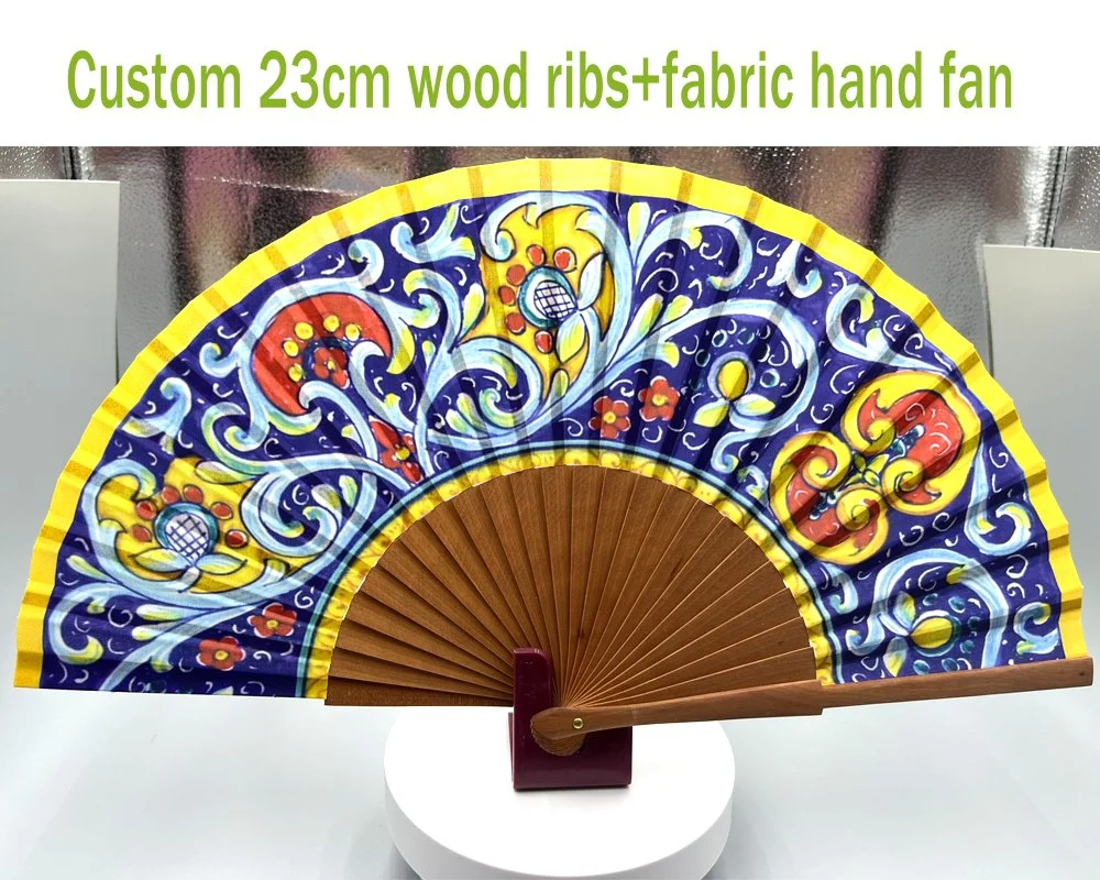 Custom Print Silk Hand Folding Fan Wooden Ribs Satin Fabric Fan Foldable Wood Hand Fan