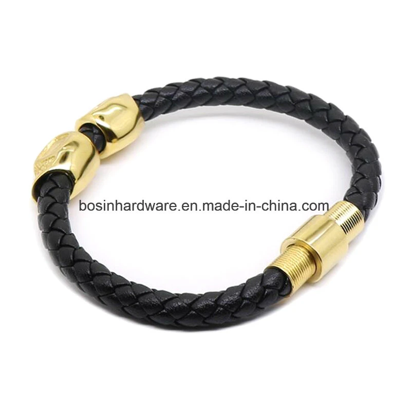 Men Gold Stainless Steel Skull Leather Bracelet