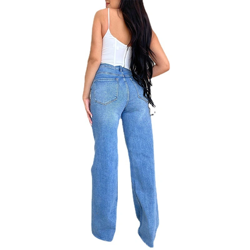 Damen Denim Jeans Hose Damen Hose Gerippte Ausgefranste Saum Frauen Jeans