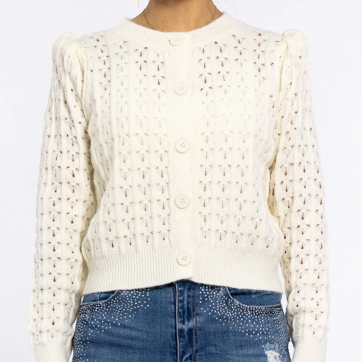 Women's Round Neck Hollow Crochet Knit Tops Shrug Shoulder Sweater White Cardigan