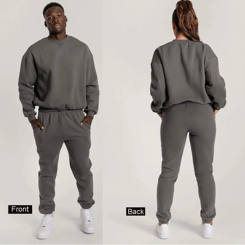 OEM Custom Crew Neck Cotton Sweat Suit Sportswear Tracksuits Men's Women's Black 2 PCS Tracksuit Unisex Tracksuits Custom Logo Sweatsuit Set for Men Women