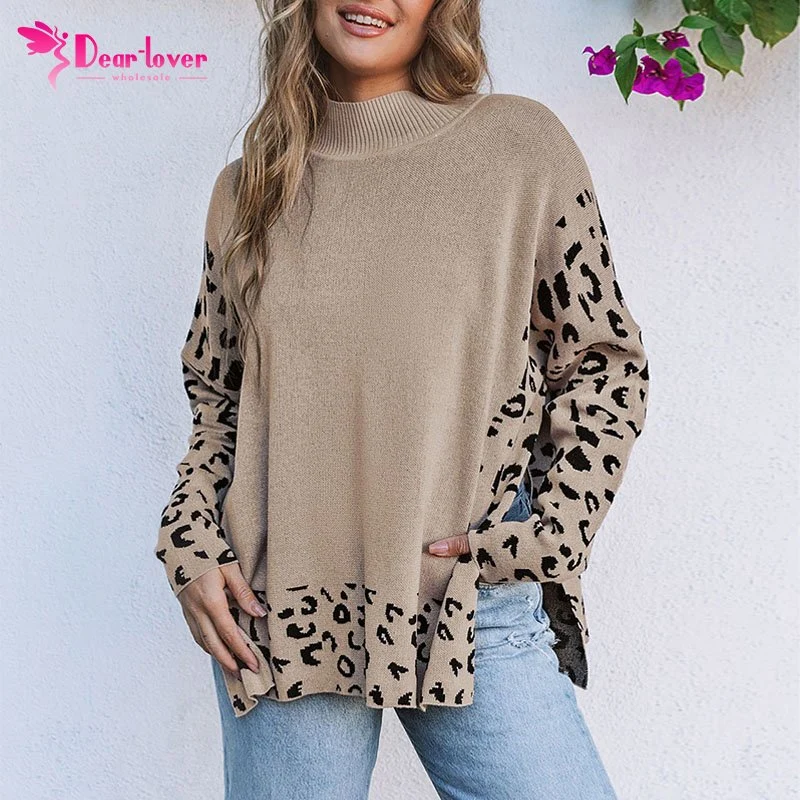 Dear-Lover Khaki Leopard High Neck Side Slit Oversized Women Sweater