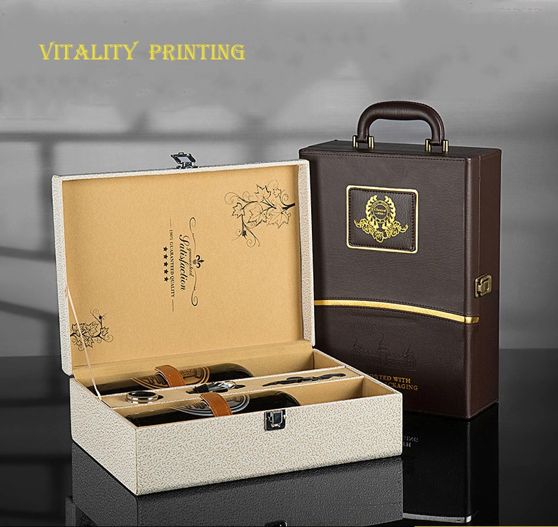 Custom Wholesale/Supplier Luxury Europe Style Classical Portable PU Leather Wine Packaging Box Liquor Wooden Gift Packing Box/Spot Leather Case/Two Bottles Package