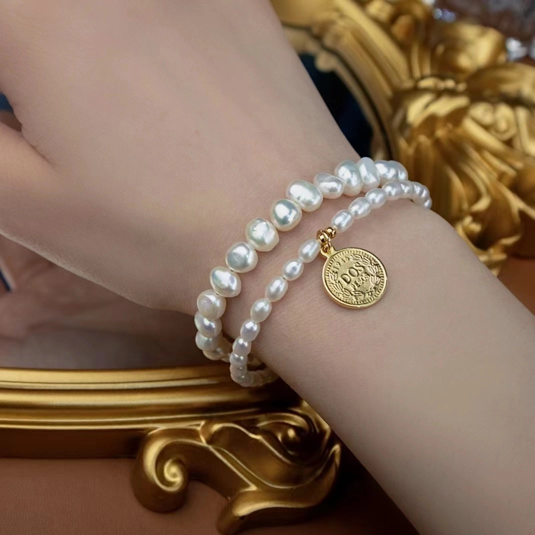 La moda la joyería de Perla barroca de la mujer el doble de Pulsera con chapado en oro 18K de moneda de oro para dama Vintage Don