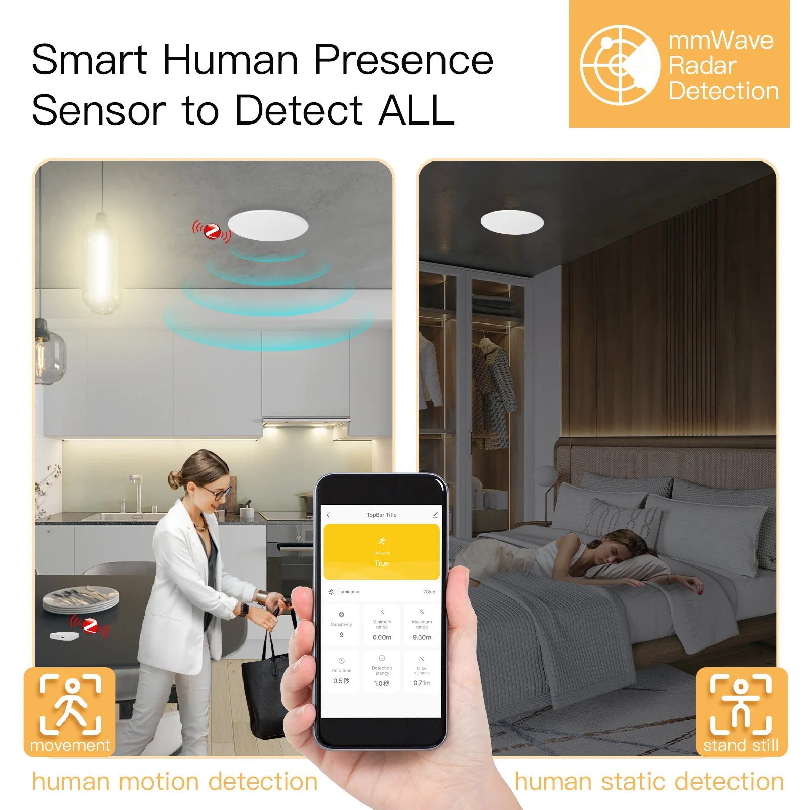 Luz do sensor de detecção de radar Mmwave Mmwave do Detector de presença humana Tuya Zigbee Montagem no teto da aplicação Smart Life 2 em 1 função de luminosidade Deteção de corpo humano