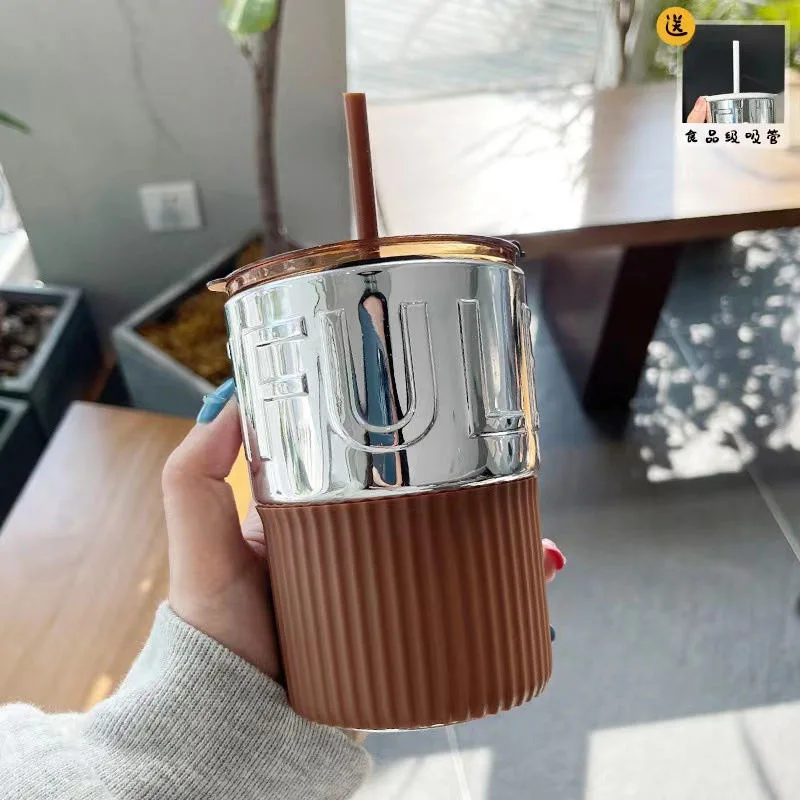 Copo de 420 ml mangas de sílica Grande temperamento possibilidade de utilização Café de viagem Copo de caneca de vidro com palha