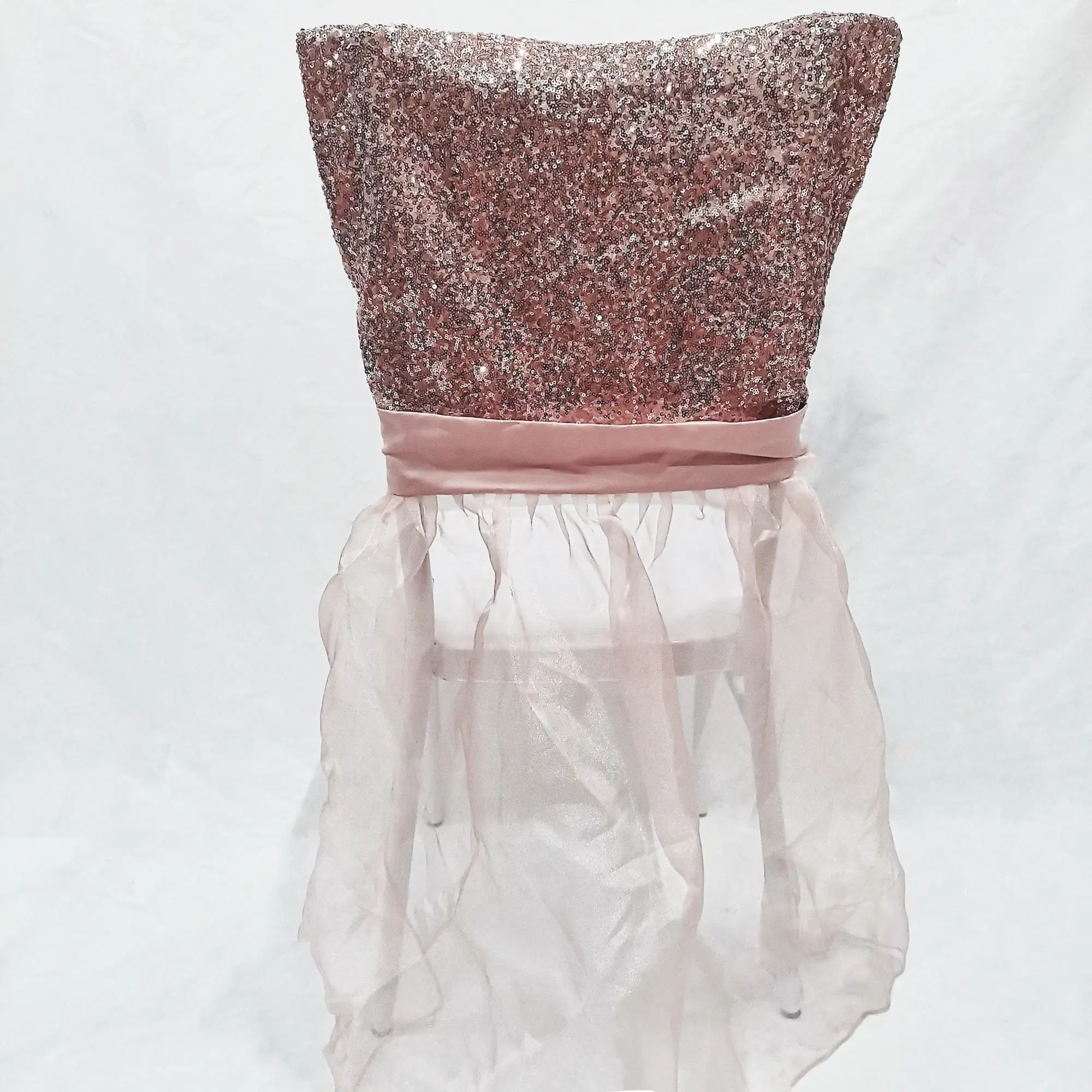 Silla de lentejuelas de oro rosa al por mayor espalda cubre la falda de silla Organza Para banquetes de fiesta comedor decoración de boda evento