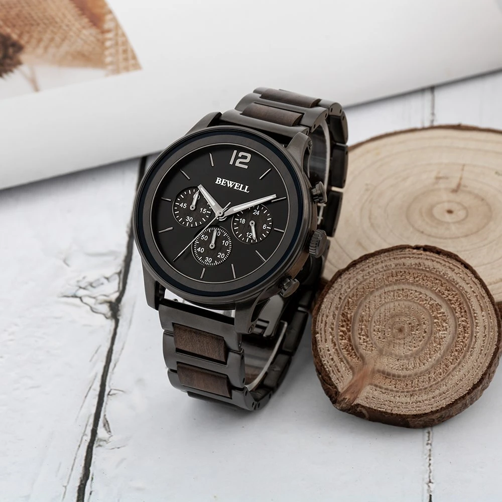 Bewell Mode Acier Inoxydable avec Bracelet en Bois Véritable 3 Couleurs Montre-Bracelet pour Hommes à Quartz