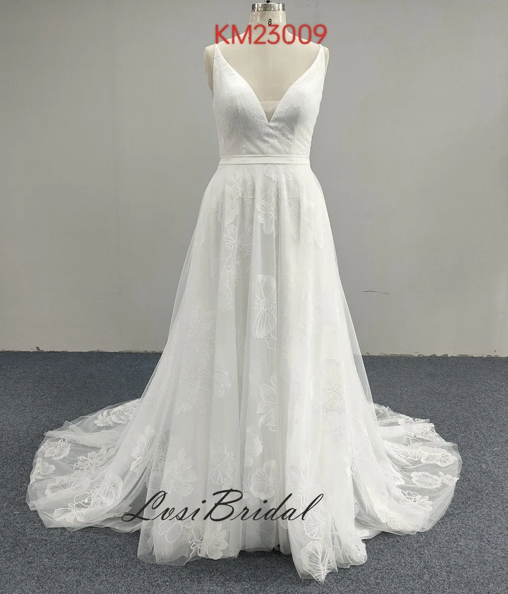 23009 Deep V Neckline and Spaghetti Straps Wedding Dress with Fashion Overlace and Sequins Bridal Gown Dress with A-Line Tulle Skirt by Manufacturer Bridal