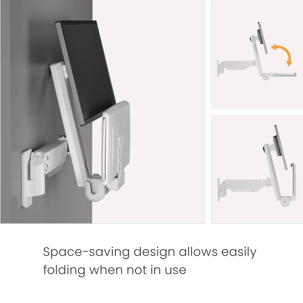 Suporte de parede para estação de trabalho médica montada na parede com braço de monitor de mola a gás único para ficar em pé, estação de computador com bandeja de teclado.