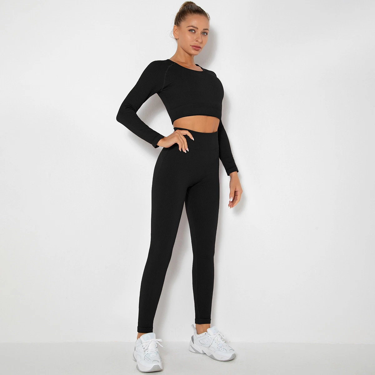 Long Sleeves Active Wear Ribbed Fabric Tracksuit Sexy Fitness Clothing for Women