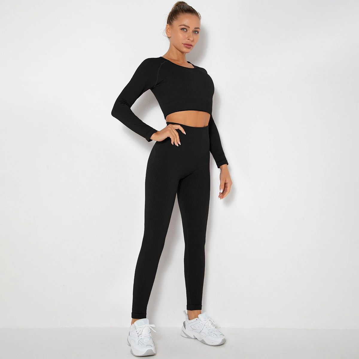 Lange Ärmel Active Wear Gerippter Stoff Trainingsanzug Sexy Fitness Bekleidung Für Frauen