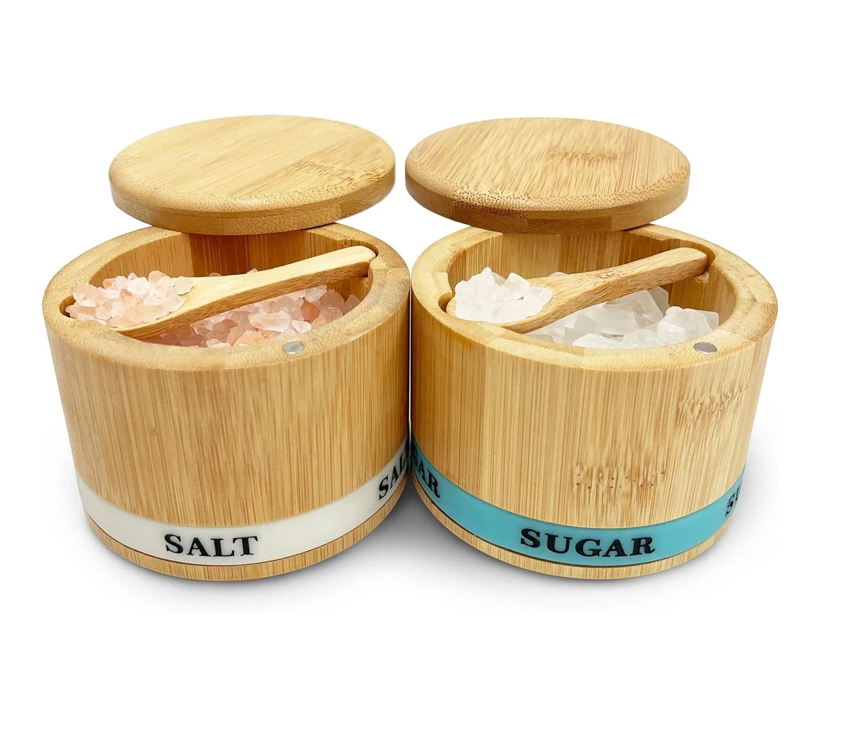 Salt Sugar Container Set 2 Piece Bamboo Box Sugar Salt Box with Swivel Lid and Spoon Spices Cellar Easy to Open and Close with 2