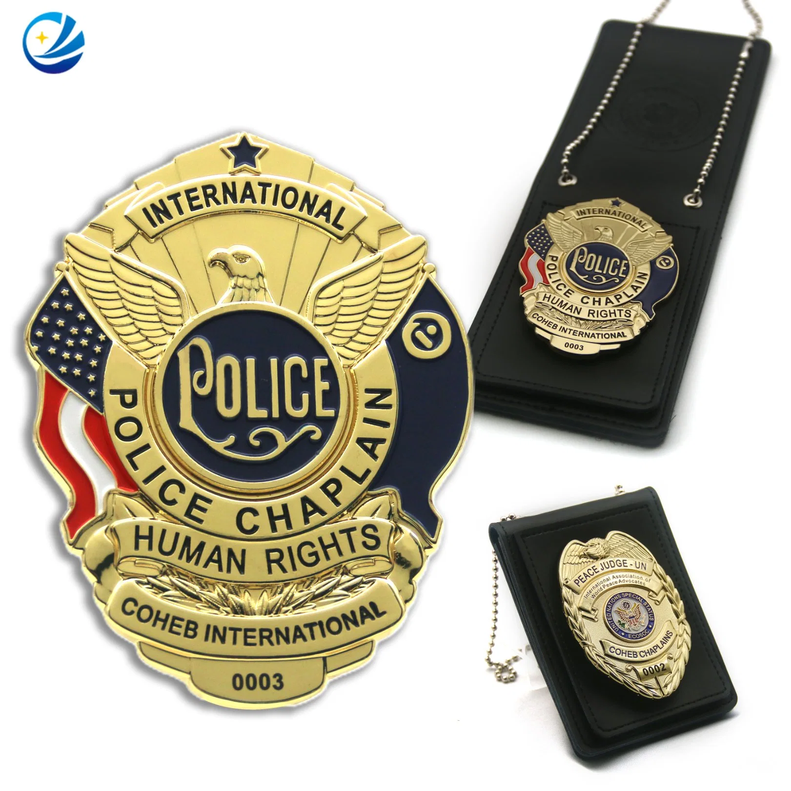 Factory Custom Logo Metal Lapel Pins with Chain Gold Security Officer Leather Clip Car Emblem Enamel Pin Brooch Military Fraternal Order of Police Badge