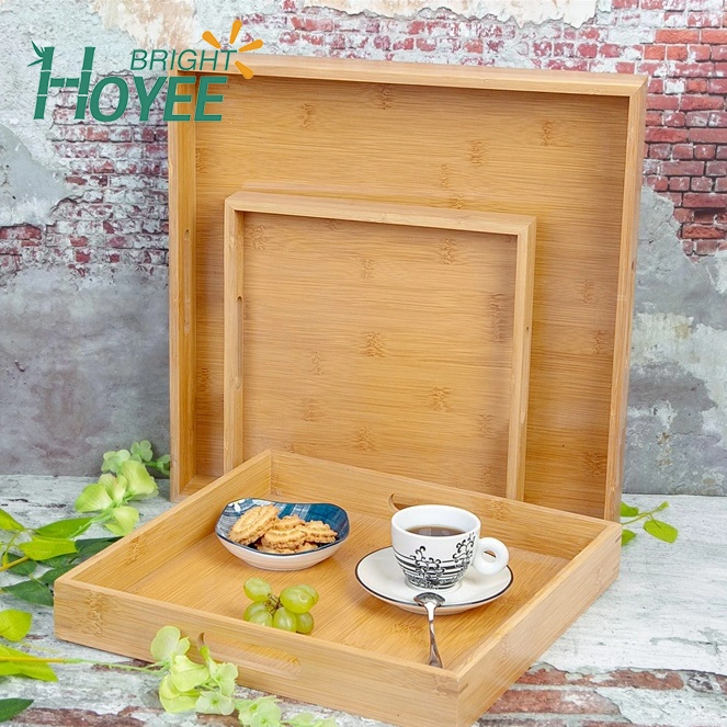 Casa de luxo comida de bambu serve pequeno conjunto de bandejas 3 com pegas