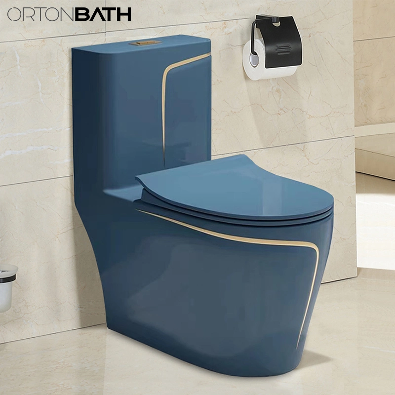 Ortonbath Blue Color with Gold Line Middle East Toilet Sanitary Ware Small Toilet Seats Siphon One Piece Ceramic Wc Toilets