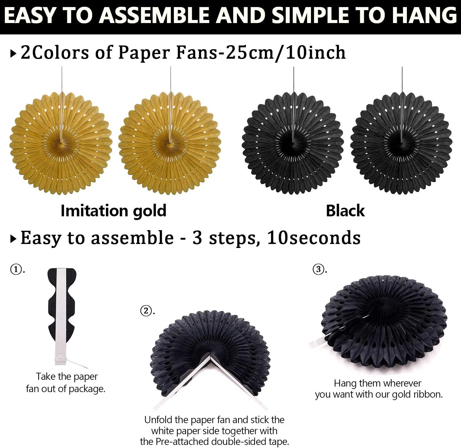 Black and Golden Theme Hanging Paper Fans, POM Poms Flowers, Garlands String Polka DOT and Bunting Flags for Christmas Party