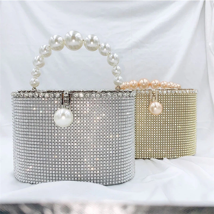 Eb1486 Silver Evening Women Cage Pearl Purse Handbag Beaded Rhinestone Crystal Bling Diamond Clutch Bag