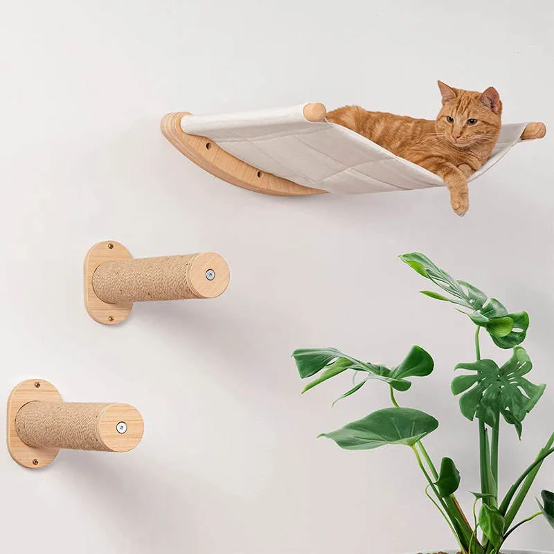 Двухшаговые кошачьи полки с двухшашечным тросом Деревянное дерево PET кровати Cat Hammock настенная полка для кошек
