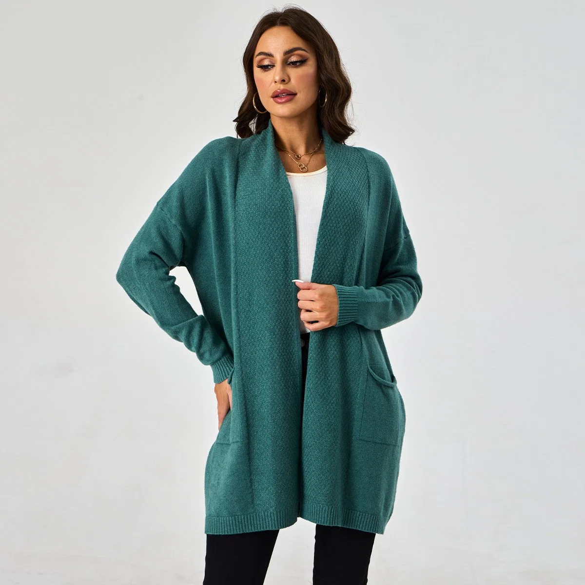 Custom Knitwear Jacqurd Cloak Collar Down Ribbed Long Sleeve Women Cardigan Sweater