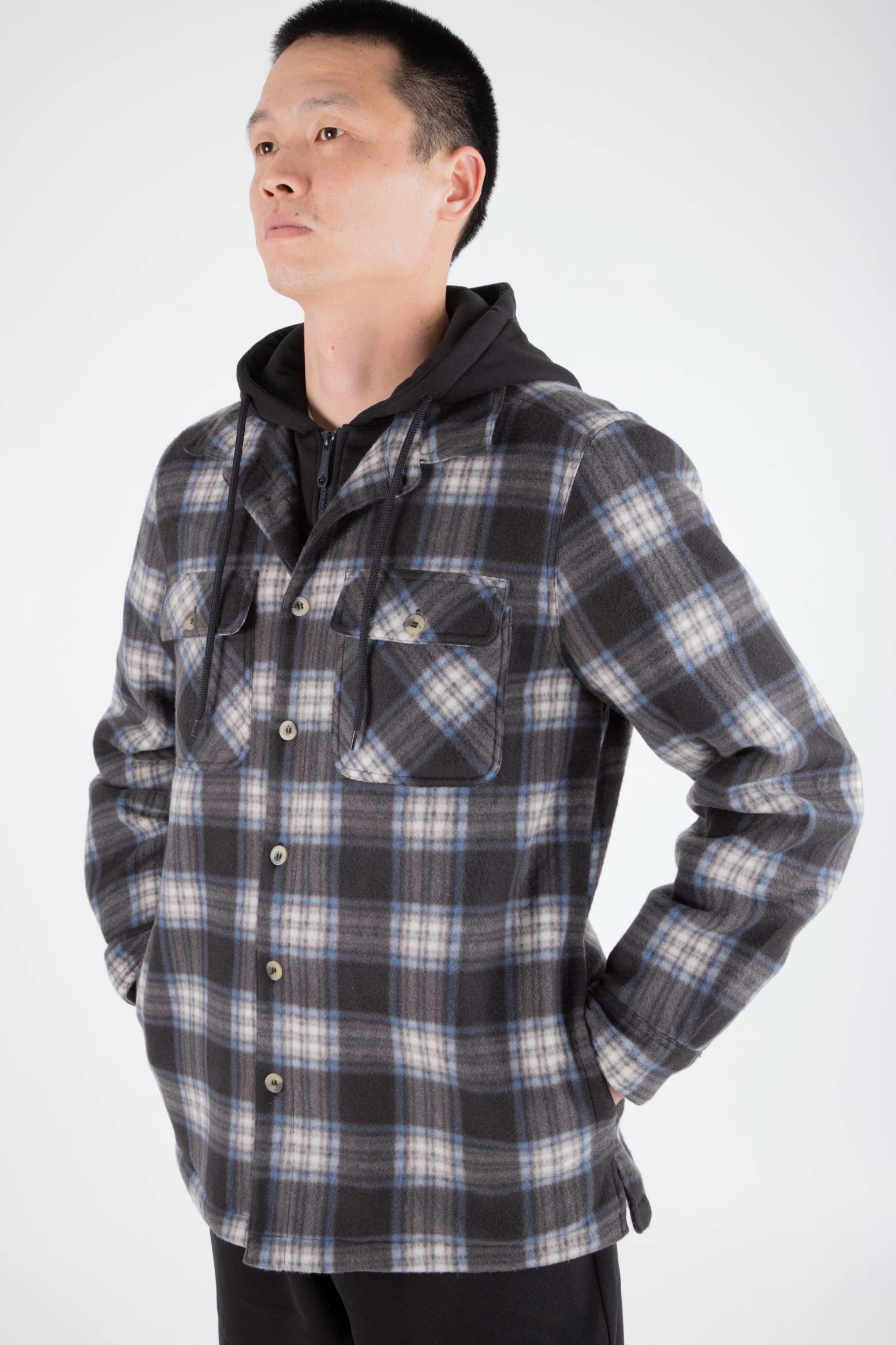 Men&prime; S Plaid Printing Checked with Sherpa Lining Full Zip