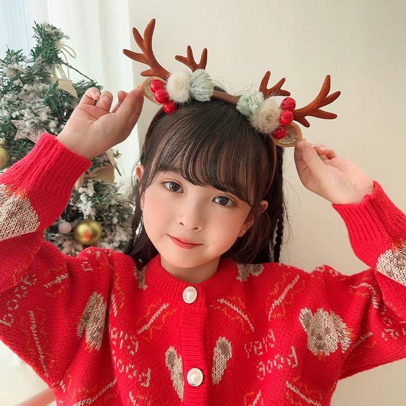 Kinder Weihnachten Haarband Dress up Antler Haarschmuck Geschenk Mädchen Kopfschmuck Haarkarte Stirnband Haarball Kleine Mädchen Druck Haarbündel Clip