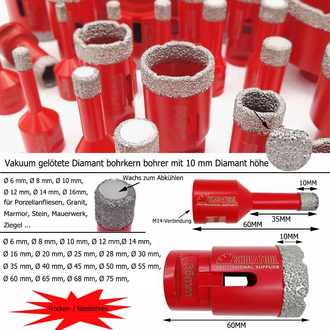 Shdiatool Diamond Vacuum Brazed Diamond Drilling Core Bits for Granite Marble Glass