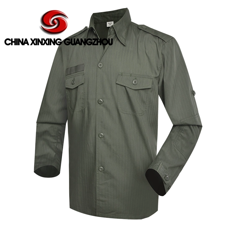 Custom Long Sleeve Polyester Cotton Plain Fabric Olive Green Police Casual Men's Shirt