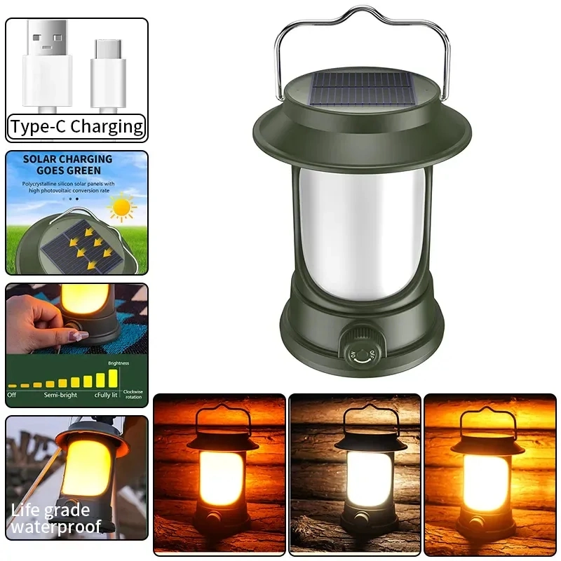 Multifunctional Folding Solar Light Camping Lamp Type-C Rechargeable Outdoor Light for Garden