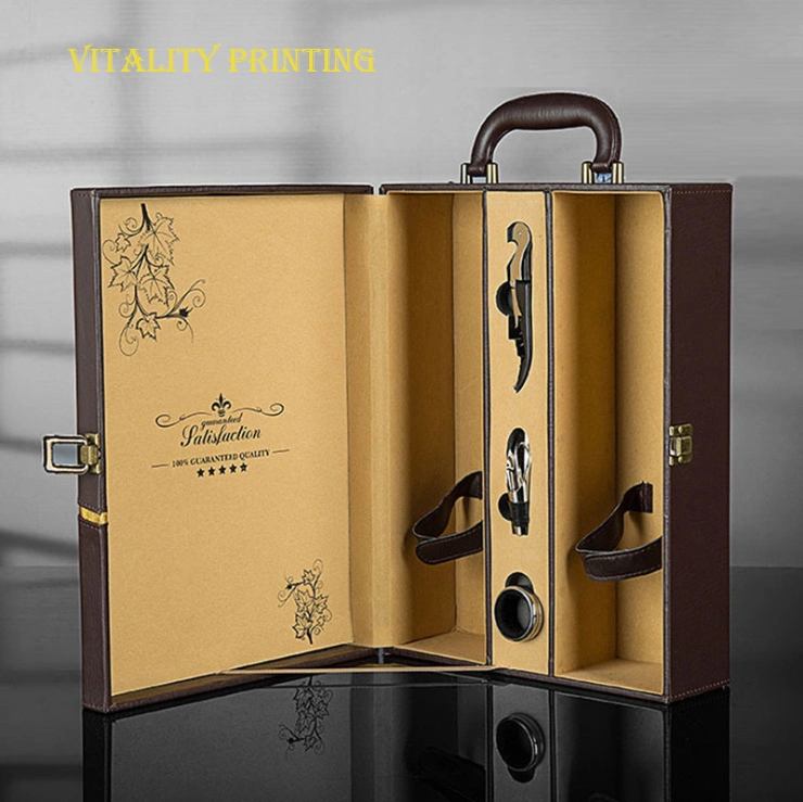 Custom Wholesale/Supplier Luxury Europe Style Classical Portable PU Leather Wine Packaging Box Liquor Wooden Gift Packing Box/Spot Leather Case/Two Bottles Package