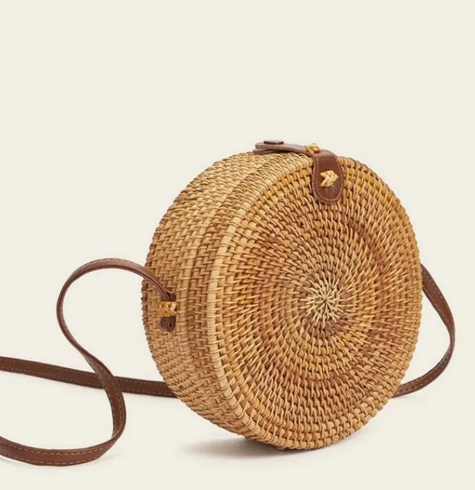 Vintage Natural Rattan Beach Bag Ladies Round Bag Women Straw Shoulder Bags