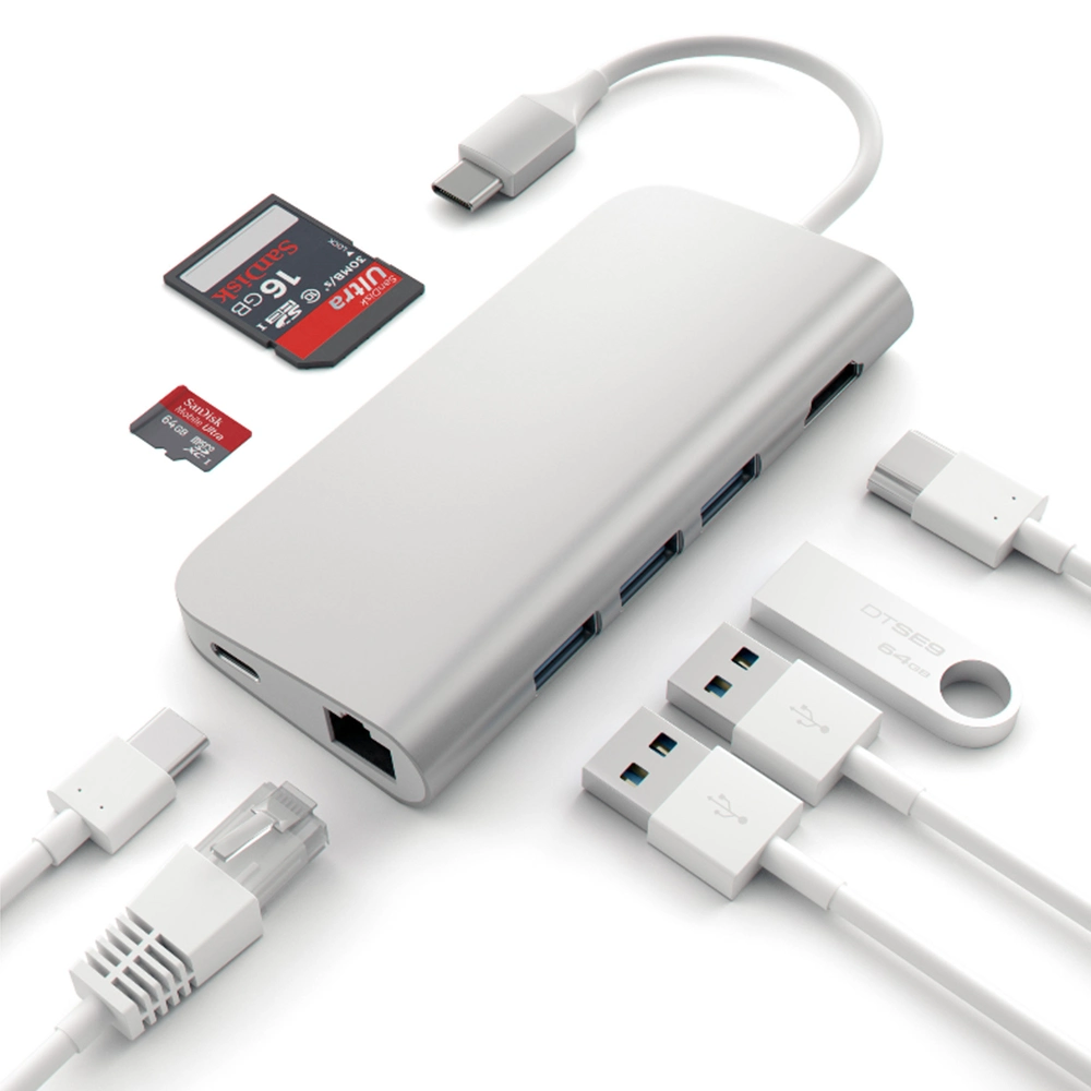 C Hub USB 8 en 1 adaptateur multi-port combo en aluminium pour MacBook de type C du moyeu de moyeu pour l'HDMI Ethernet 4K Port de chargement du lecteur de carte SD/micro et 3 ports USB 3.0