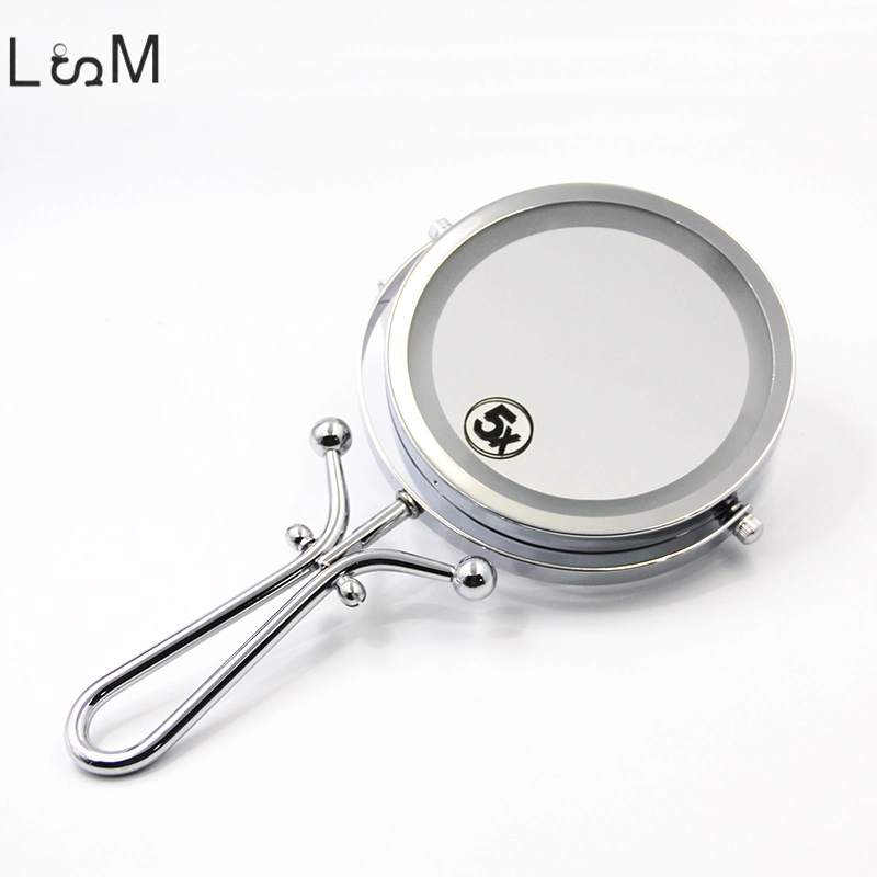 Metal Silver Round Makeup Mirror Double Side 5X Magnifying LED Lights Folding Hand Mirror