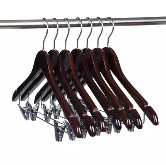 Dark Wood Hangers: Solid Wooden Top Garment Hangers of Cherry Brown Finish with Metal Trousers Clips for Adult Clothes Display