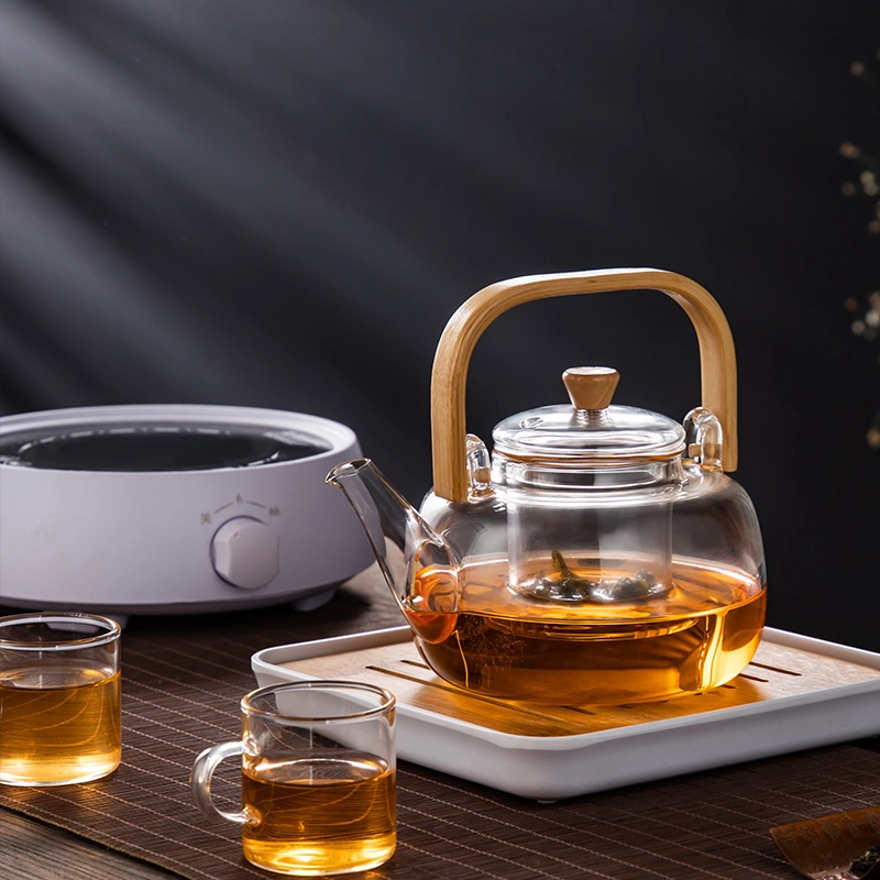 Household Thick Heat Resistant Explosion Proof Glass Tea Pot with Wooden Handle High Borosilicate Glass Teapot 1000ml