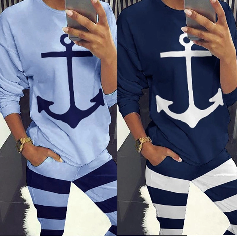 Two-Piece Women Anchor Print Long Sleeve Sweatsuit Tracksuit for Jogging Running Wyz16494