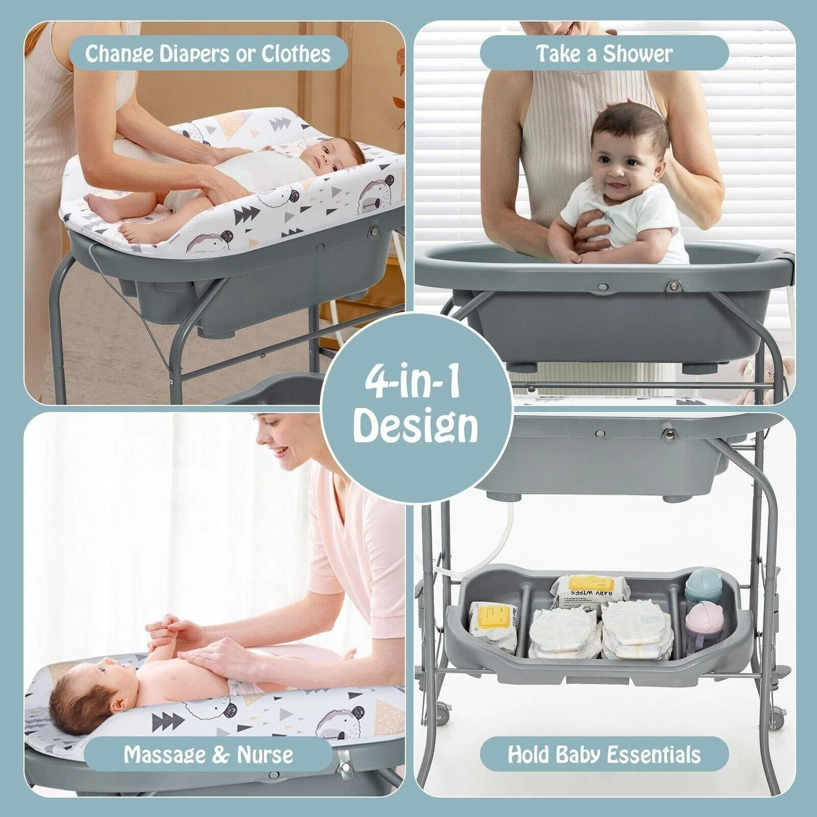 New-Style Practical Bathtub 4 Universal Wheels Brakes Grey Baby Changing Table