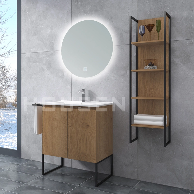 Luxury Nordic Style Black Frame Structure Bathroom Furniture Hotel Homestay Mirami Wood Grain Bathroom Cabinet