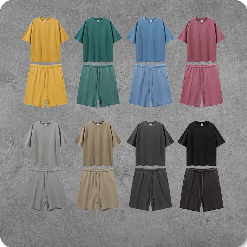 2PC Sweat Suits Manufacturers Custom Tracksuit Set Unisex Acid Wash Women Men Summer T Shirt and Shorts Set