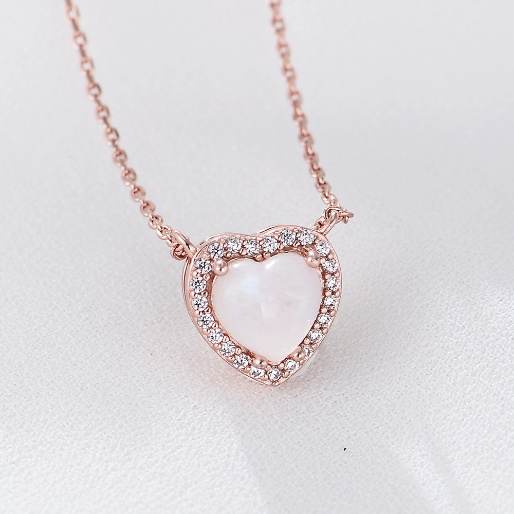 Fashion Natural Stone Jewelry 925 Sterling Silver 14K Rose Gold Plated CZ Moonstone Heart Pendant Necklace for Valentine Gift