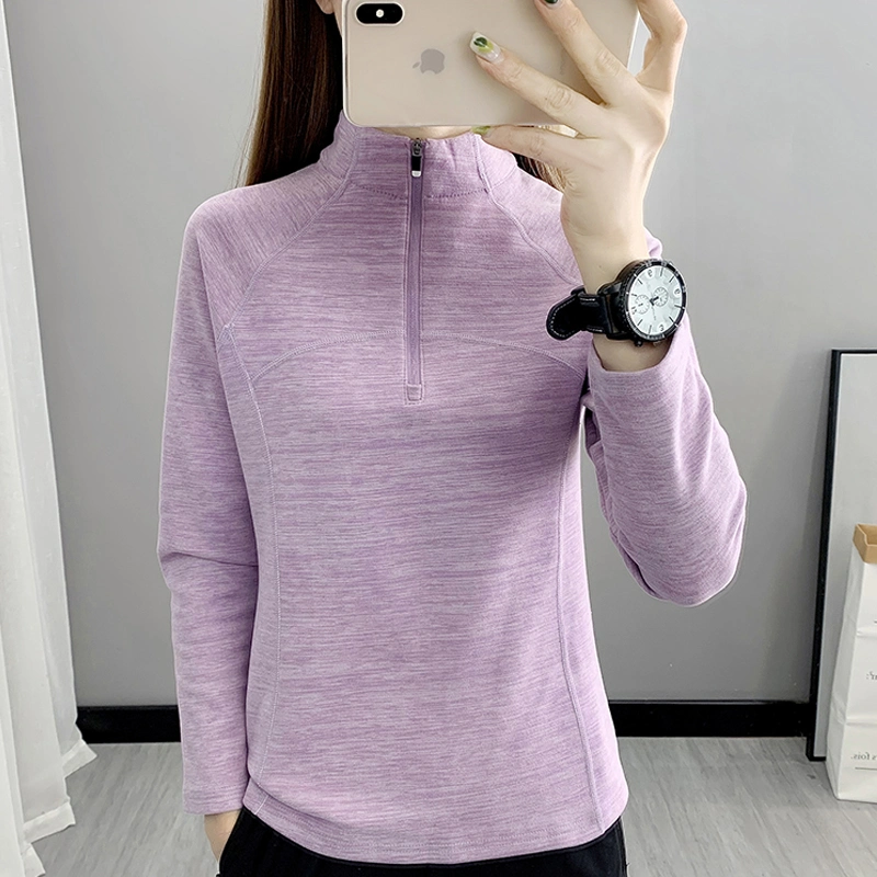 Thin Velvet Long-Sleeved T-Shirt Women's Half-Cardigan Stand-up Collar Pullover Sweater