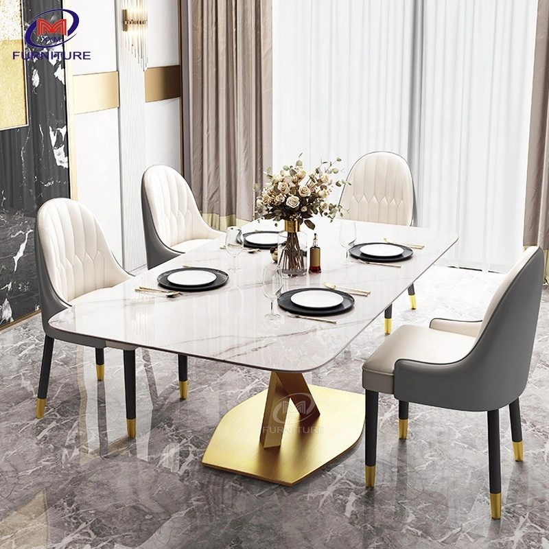 Dining Room Stainless Steel Modern Luxury Marble Top Dining Tables and Chairs Set