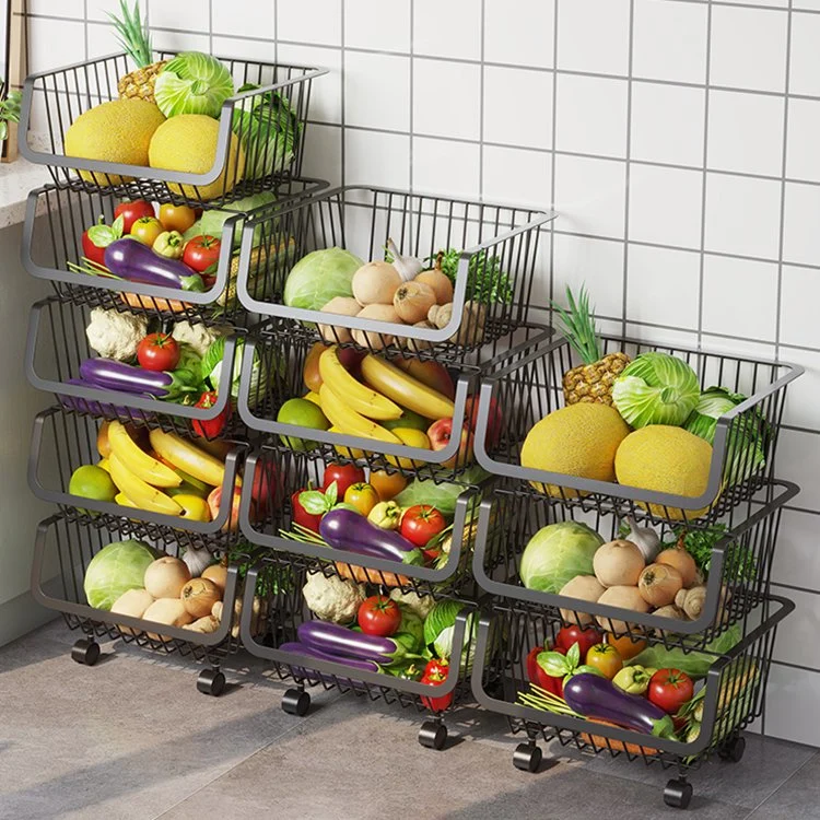 Panier de rangement de cuisine en fil métallique bacs de rangement empilables pour oignons de pommes de terre fruits Paniers à légumes avec roues