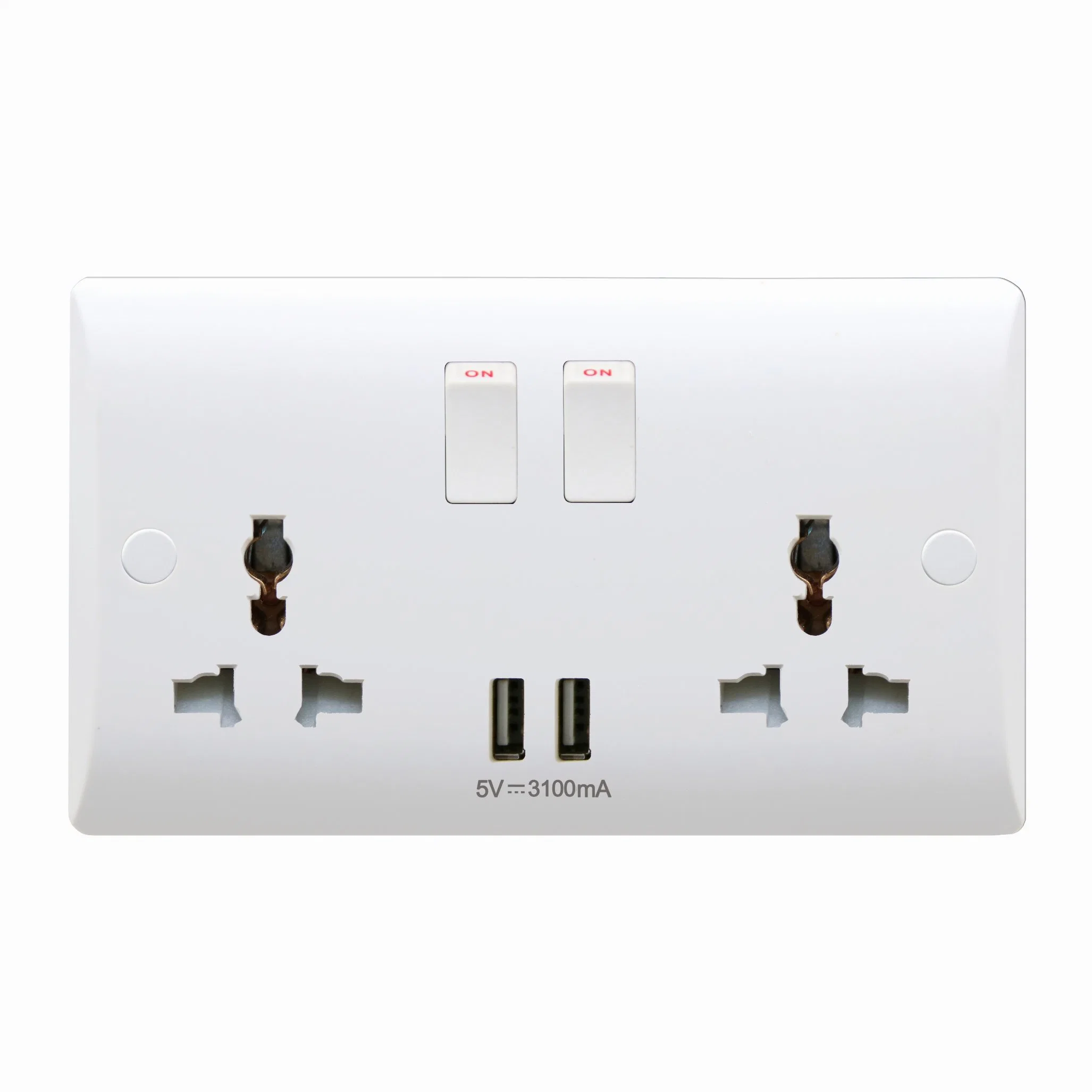 UK 13A 2gang Switched Socket +USB Outlet, Double Pole+Neon