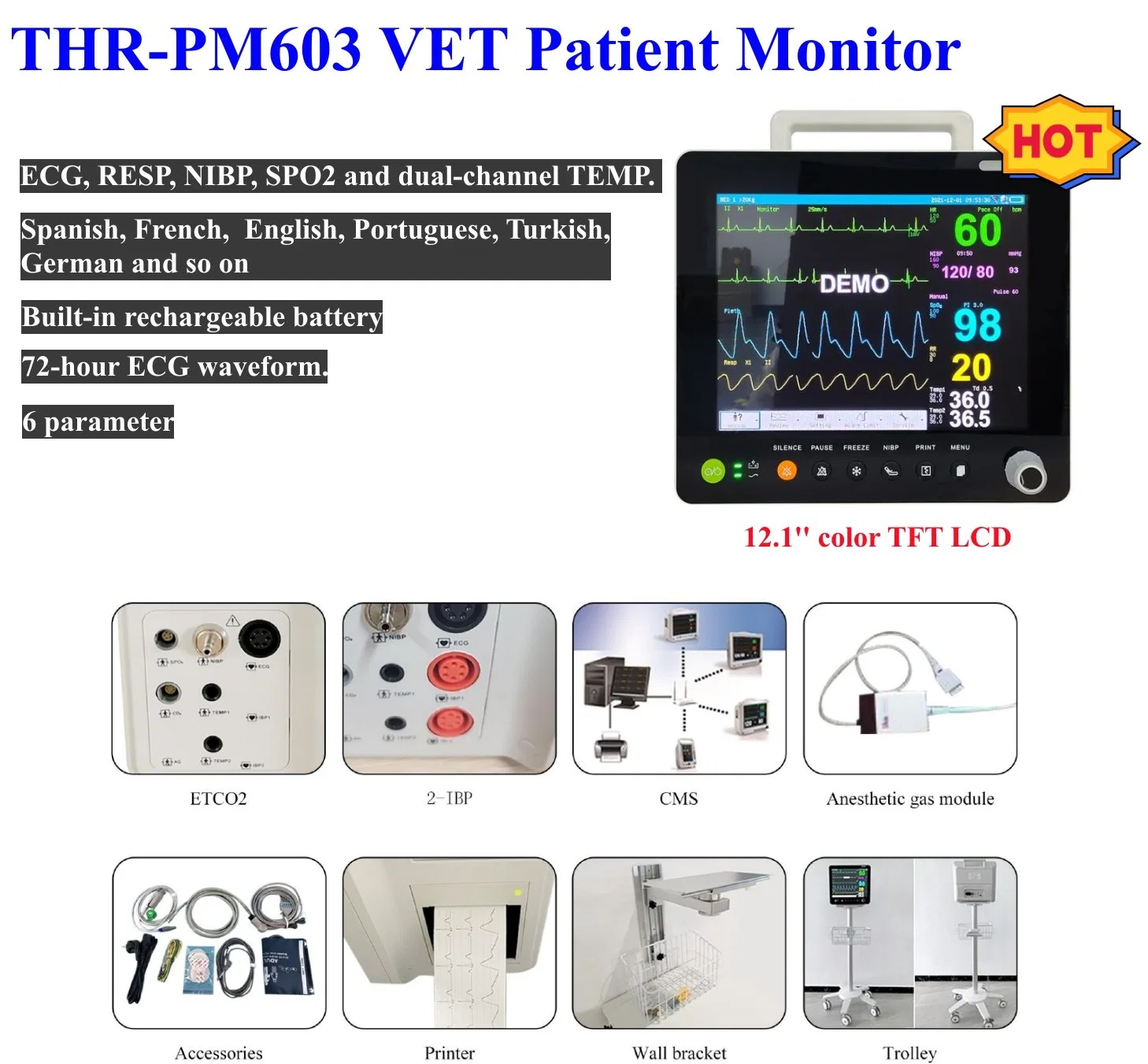 Medical Equipment Portable 6 Parameter Veterinary Patient Monitoring Machine Price