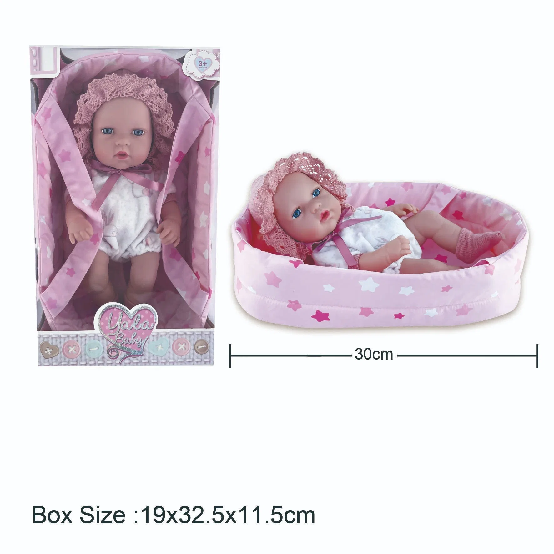 New High Quanlity Toy 12" Toddler Different Models Cute Baby PVC Doll in 30cm Fabric Cradle