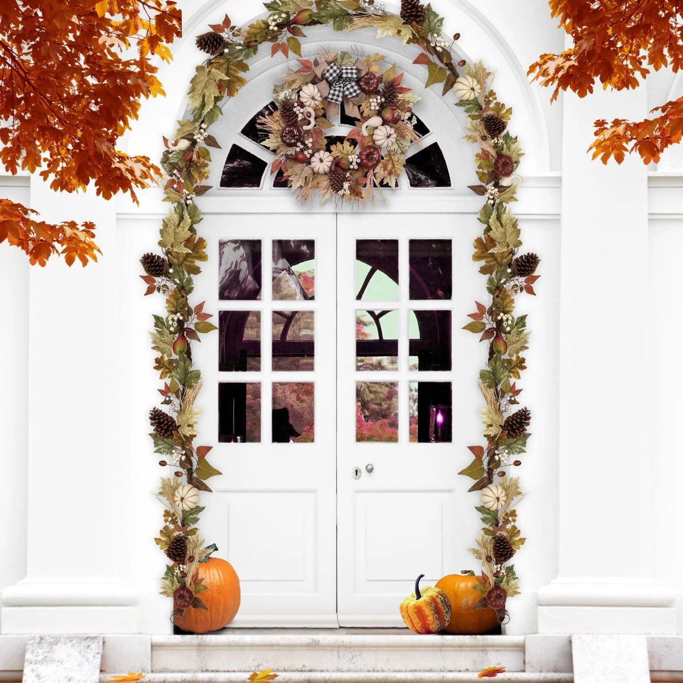 24 Inch Artificial Fall Harvest Pumpkin Door Wreath for Decorations