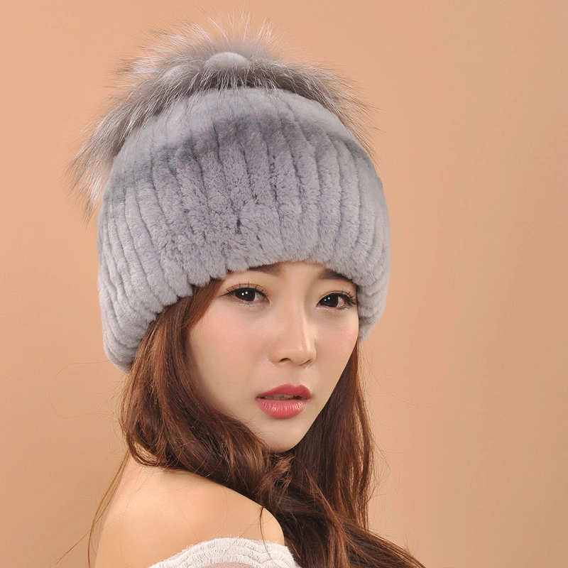 Boné com gorro Fat Ball Fashion Fur Russia Fur Hats Beanie Thick Boné Winter Real Soft Natural Rex Rabbit