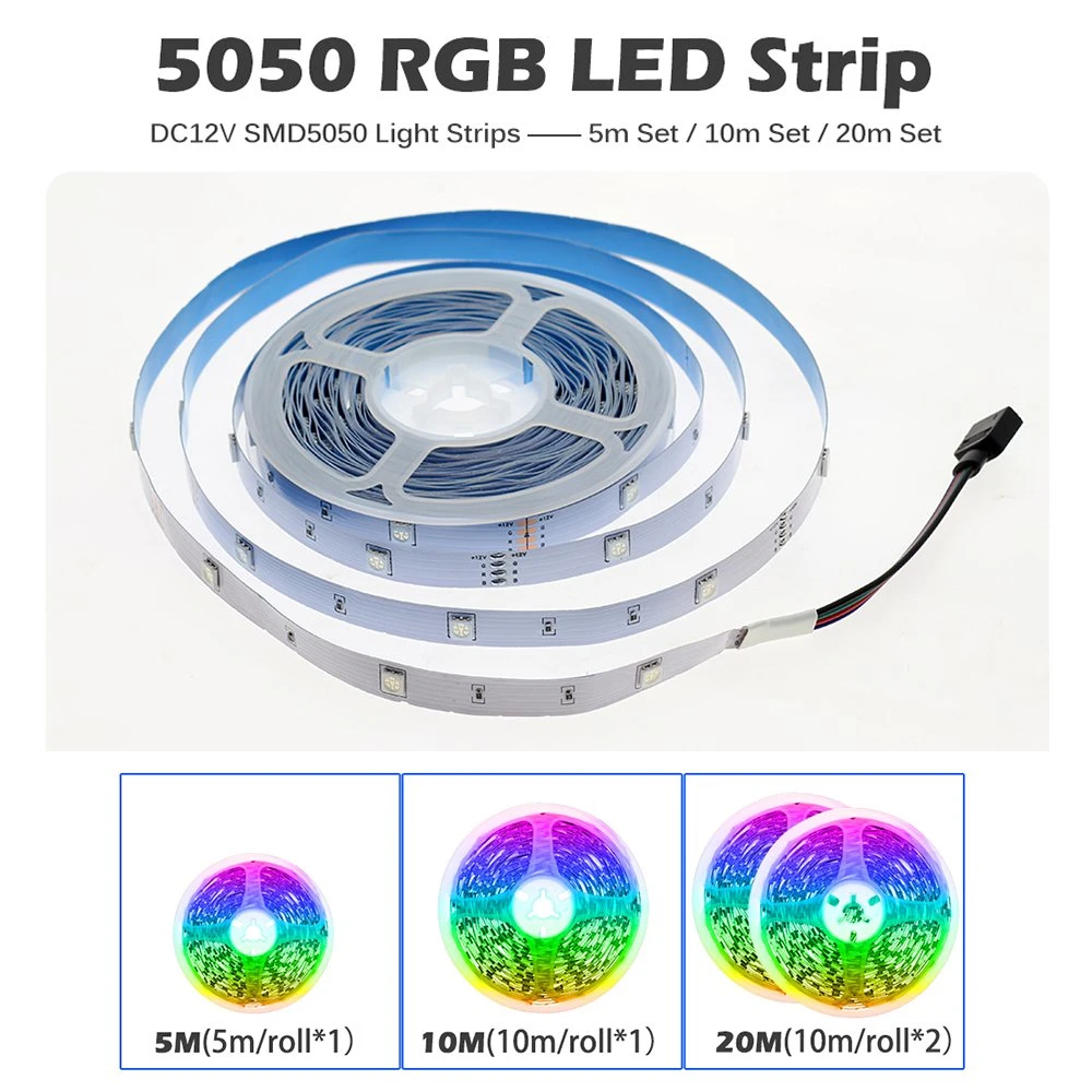 مصباح LED الأحمر والأخضر والأزرق (RGB)، ضوء شريط 5 أمتار، 20 م 5050 RGB، قابل للتغيير شريط DC12 LED مرن WiFi / Bluetooth / التحكم بالموسيقى مصباح LED، شريط RGB